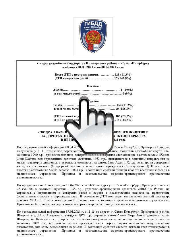 Сводка аварийности на дорогах Приморского района г. Санкт-Петербурга в период с 01.01.2021 г. по 30.04.2021 года 